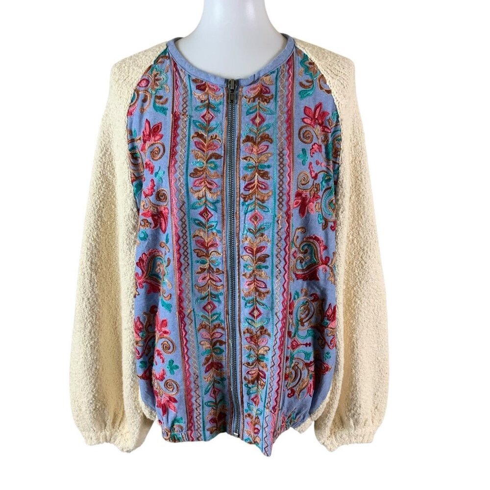 Umgee Embroidered Sherpa Jacket Boho Festival Cozy Warm Zip Front‎ Medium